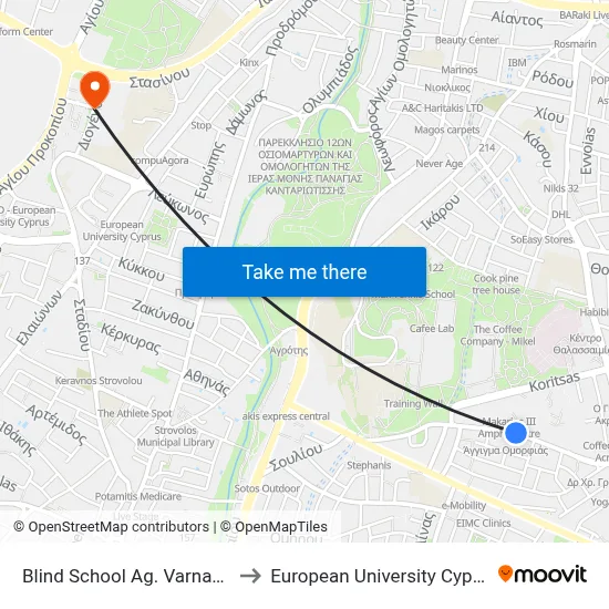 Blind School Ag. Varnavas to European University Cyprus map