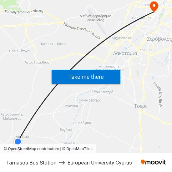 Tamasos Bus Station to European University Cyprus map