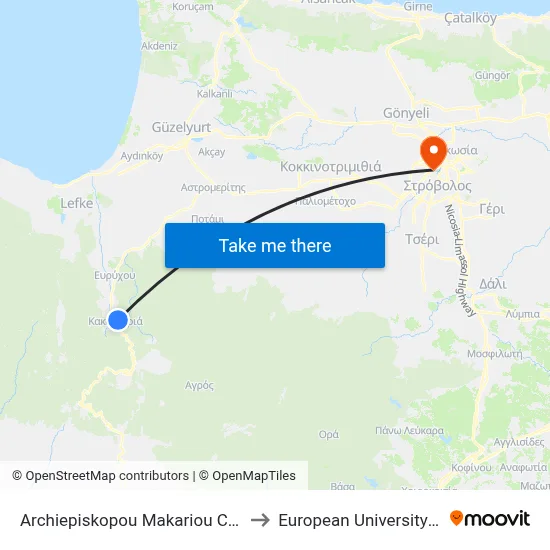 Archiepiskopou Makariou C Avenue 2 to European University Cyprus map