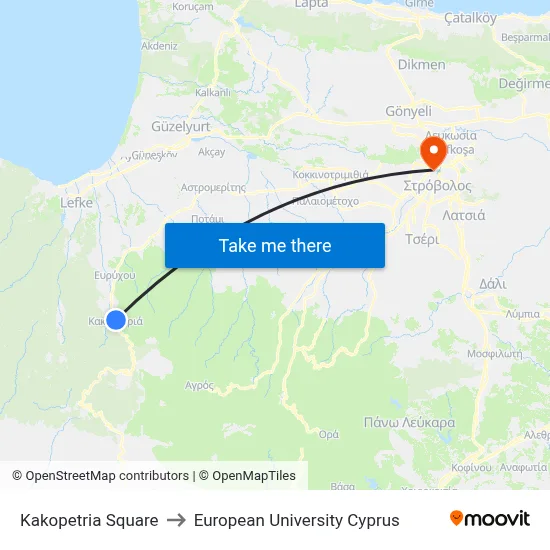 Kakopetria Square to European University Cyprus map