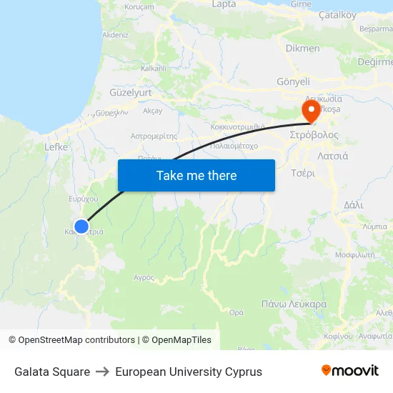 Galata Square to European University Cyprus map
