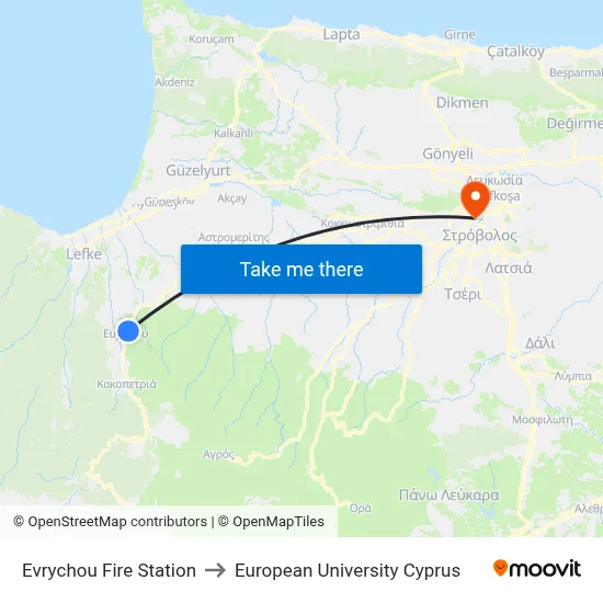 Evrychou Fire Station to European University Cyprus map