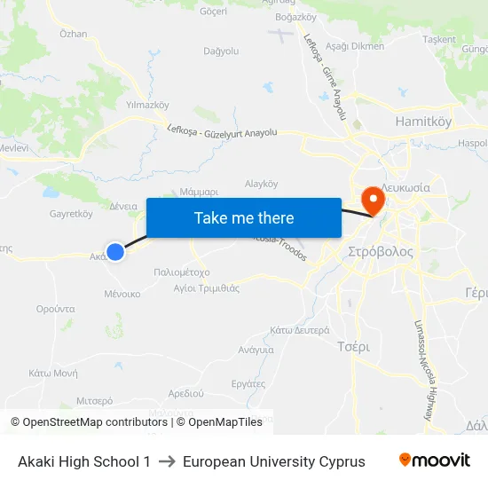 Akaki High School to European University Cyprus map