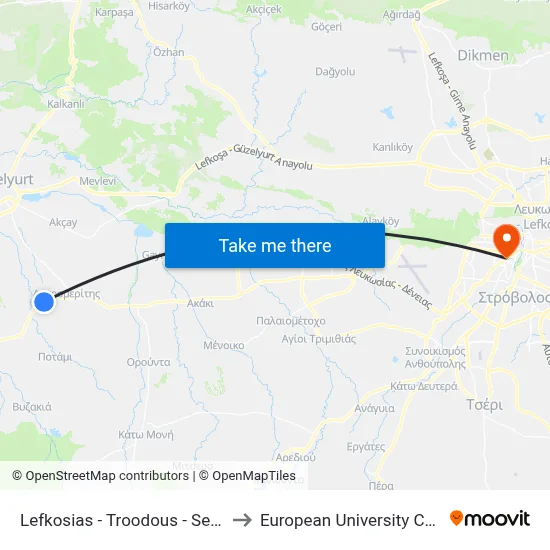 Lefkosias - Troodous - Sedigep to European University Cyprus map