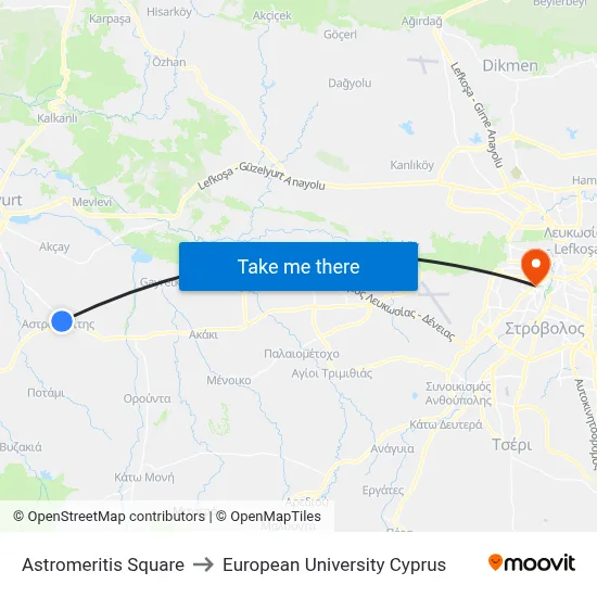 Astromeritis Square to European University Cyprus map
