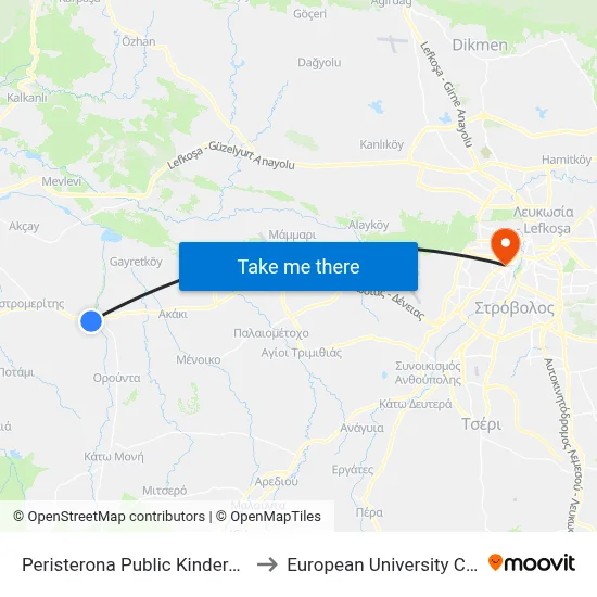 Peristerona Public Kindergarden to European University Cyprus map