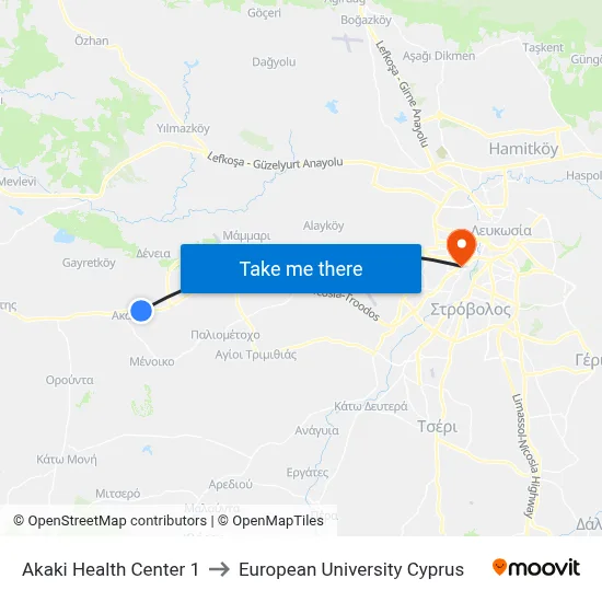 Akaki Health Center to European University Cyprus map