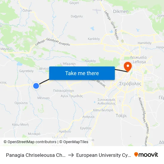 Panagia Chriseleousa Church to European University Cyprus map
