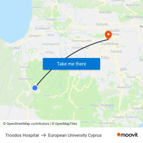 Troodos Hospital to European University Cyprus map
