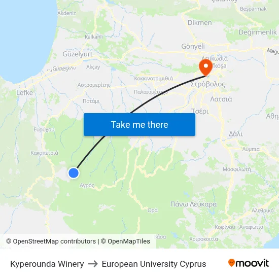 Kyperounda Winery to European University Cyprus map