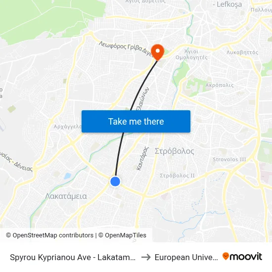 Spyros Kyprianou Avenue - Lakatameia Roundabout Metro to European University Cyprus map