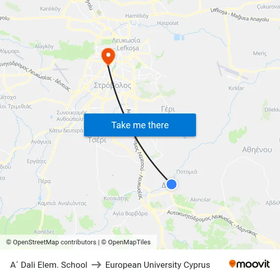 A´ Dali Elem. School to European University Cyprus map