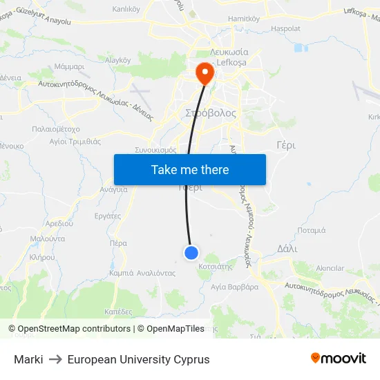Marki to European University Cyprus map