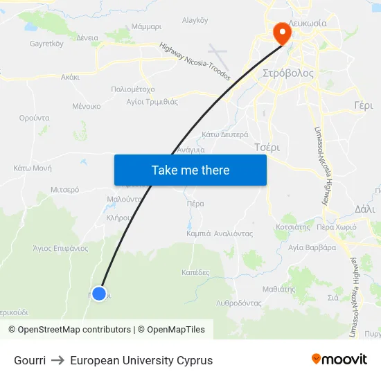 Gourri to European University Cyprus map