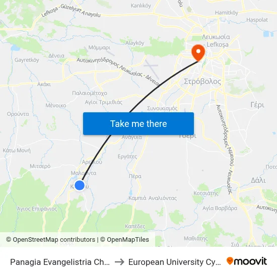 Panagia Evangelistria Church to European University Cyprus map