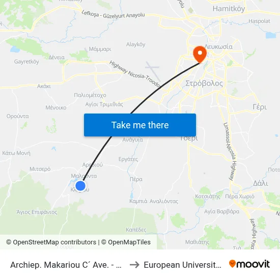 Archiep. Makariou C´ Ave. - 3rd Klirou 2 to European University Cyprus map