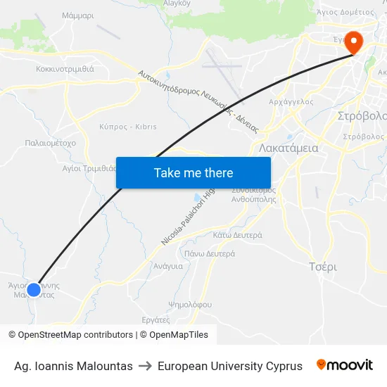 Ag. Ioannis Malountas to European University Cyprus map