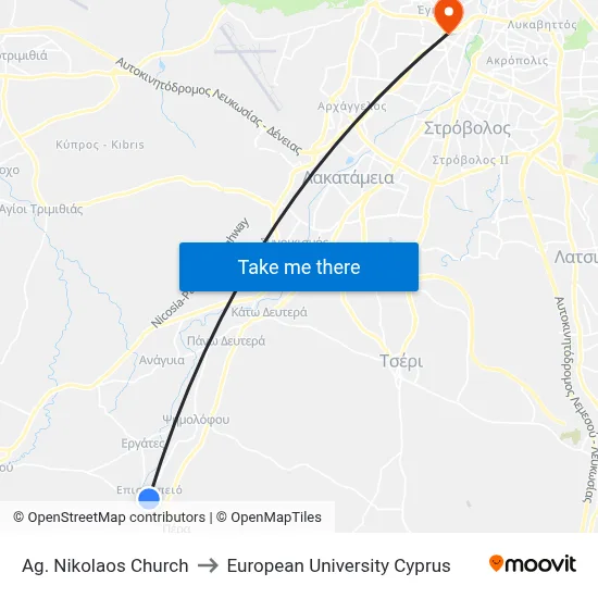 Ag. Nikolaos Church to European University Cyprus map