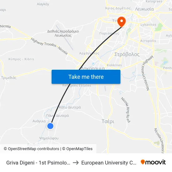 Griva Digeni - 1st Psimolofou 1 to European University Cyprus map