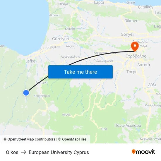 Oikos to European University Cyprus map