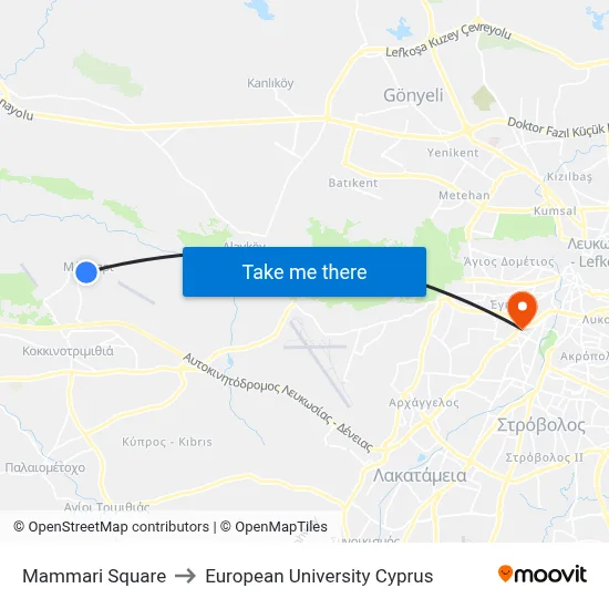 Mammari Square to European University Cyprus map