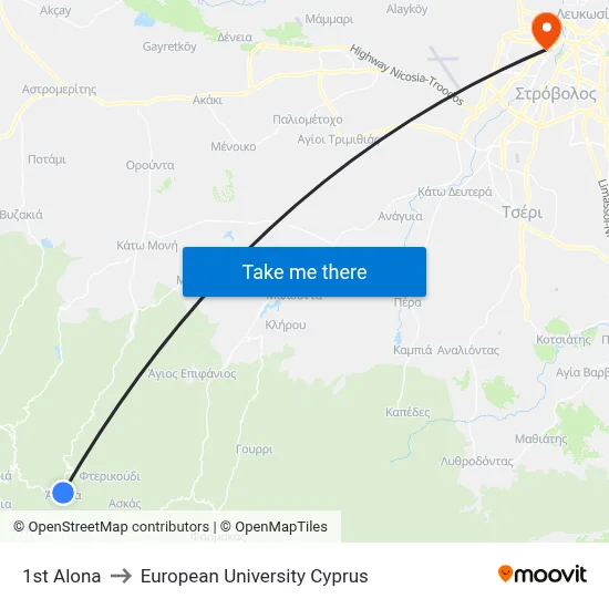 1st Alona to European University Cyprus map