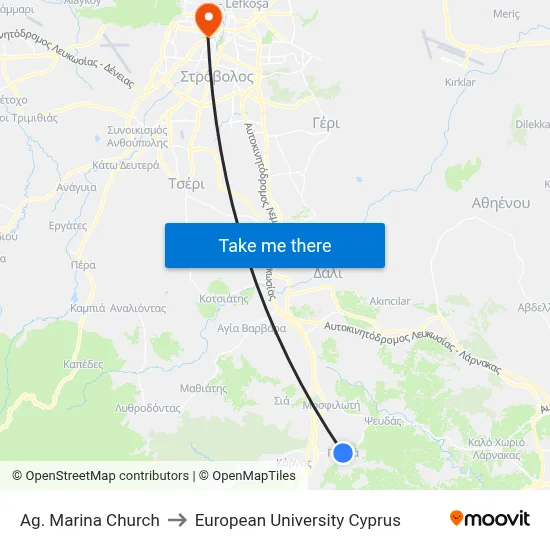Ag. Marina Church to European University Cyprus map