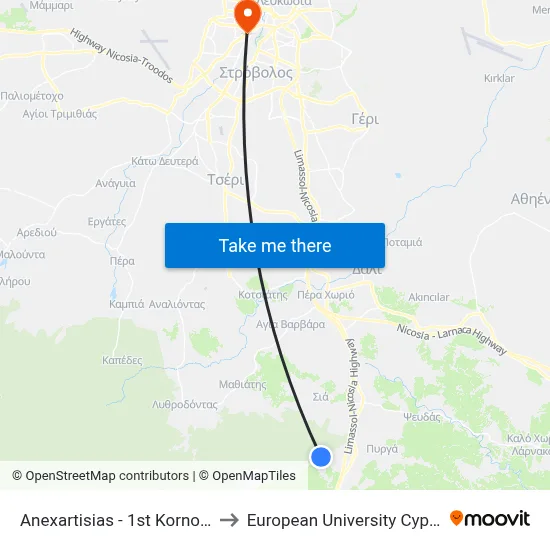 Anexartisias - 1st Kornos 2 to European University Cyprus map