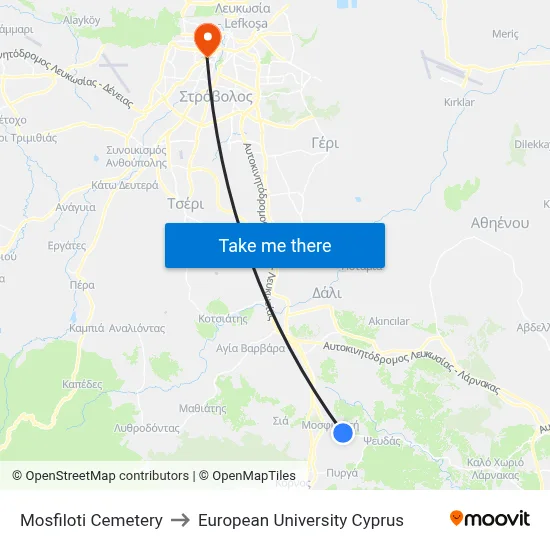 Mosfiloti Cemetery to European University Cyprus map