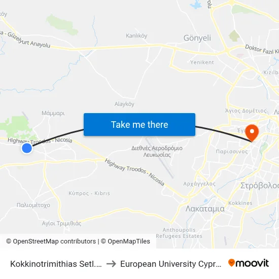 Kokkinotrimithia Settlement 1 to European University Cyprus map