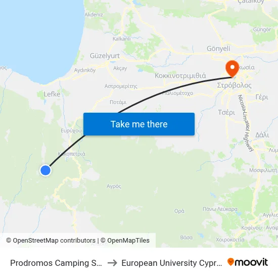 Prodromos Camping Site to European University Cyprus map