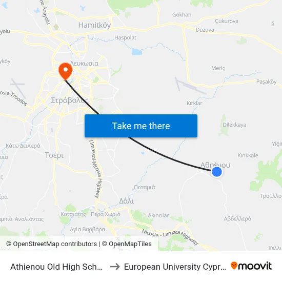 Athienou Old High School to European University Cyprus map