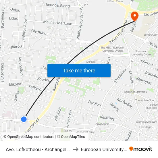 Ave. Lefkotheou - Archangelou Michail to European University Cyprus map
