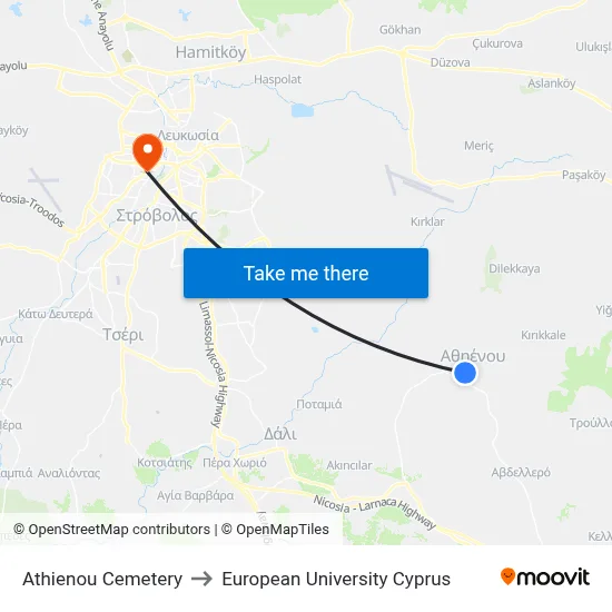 Athienou Cemetery to European University Cyprus map