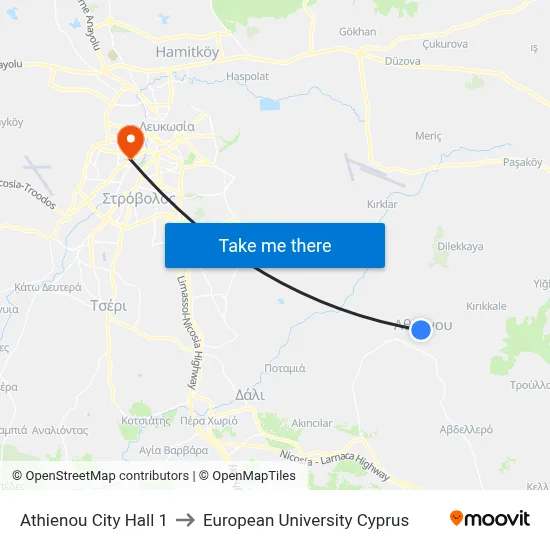Athienou City Hall 1 to European University Cyprus map