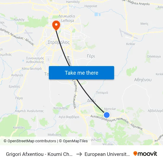Grigori Afxentiou - Koumi Charalampous to European University Cyprus map