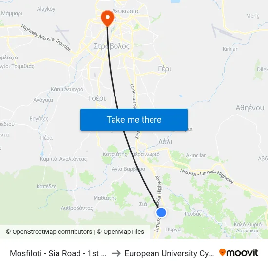 Mosfiloti - Sia Road - 1st Stop to European University Cyprus map