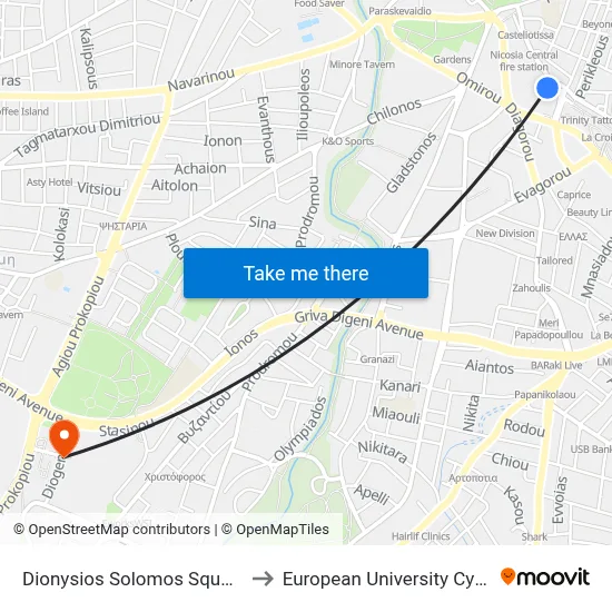 Dionysios Solomos Square D to European University Cyprus map