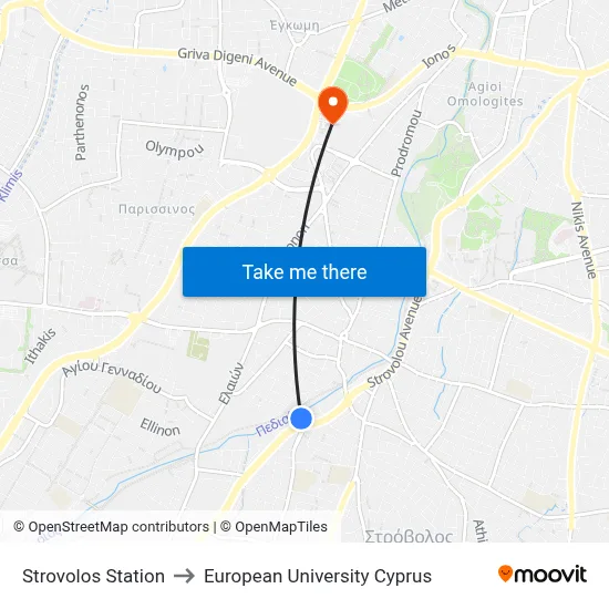 Strovolos Station to European University Cyprus map