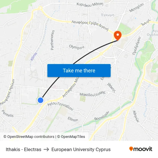 Ithaca - Electra to European University Cyprus map