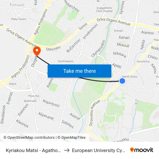 Kyriakou Matsi - Agathonos to European University Cyprus map