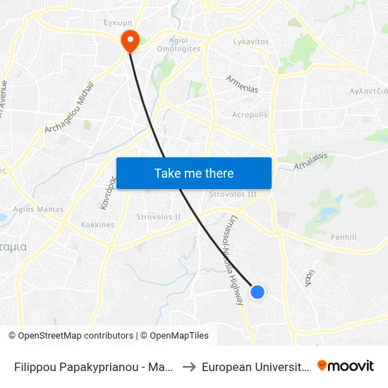 Filippou Papakyprianou - Markou Drakou to European University Cyprus map