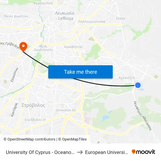 University of Cyprus - Oceanography Center to European University Cyprus map