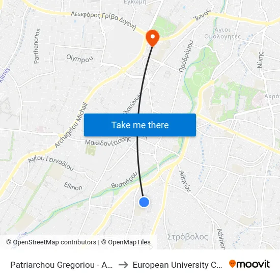 Patriarchou Gregoriou - Argous to European University Cyprus map