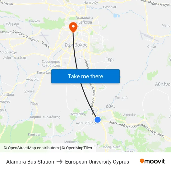 Alampra Bus Station to European University Cyprus map
