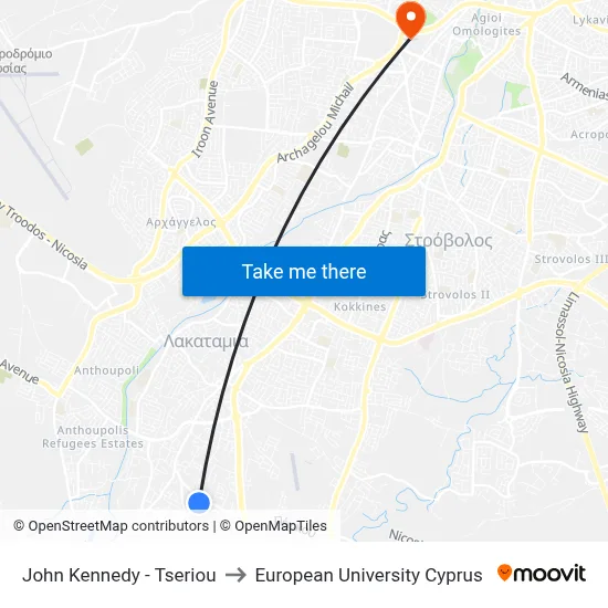 John Kennedy - Tseriou to European University Cyprus map