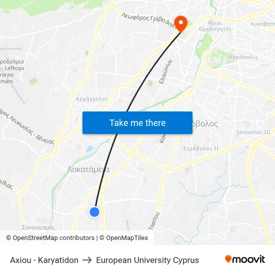 Axiou - Karyatidon to European University Cyprus map