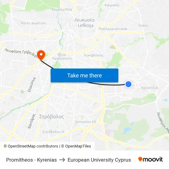 Promitheos - Kyrenias to European University Cyprus map