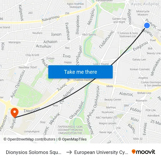 Dionysios Solomos Square A to European University Cyprus map