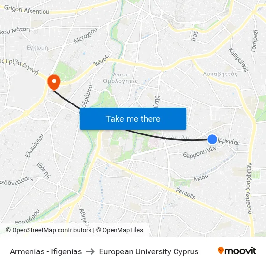 Armenia - Iphigenia to European University Cyprus map